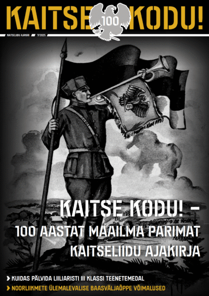 Ajakirja „Kaitse Kodu! 100” esikaas ajaloolise mustvalge illustratsiooniga lipukandjast sõdurist maastikul ning suure tekstiga „Kaitse Kodu! – 100 aastat maailma parimat Kaitseliidu ajakirja”.