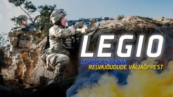 Kujundatud videopilt. Kaks välismaist sõdurit varjumas künka taga, relvad suunatud üle künka. Pildil suurelt kiri "Legio, lühidok Ukraina relvajõudude väljaõppest".