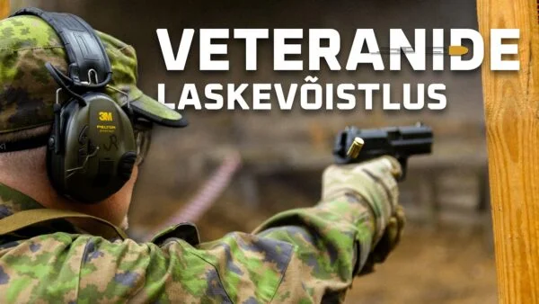 Kujundatud video pisipilt. Relva sihtiv reservväelane. Pildil suurelt kiri "veteranide laskevõistlus".